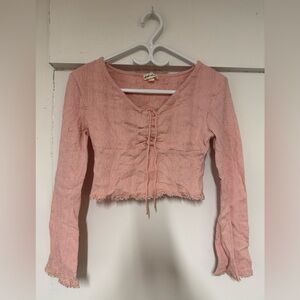 Derek Heart Pink Lace-Trim Ruched Tie-Front Crop Top